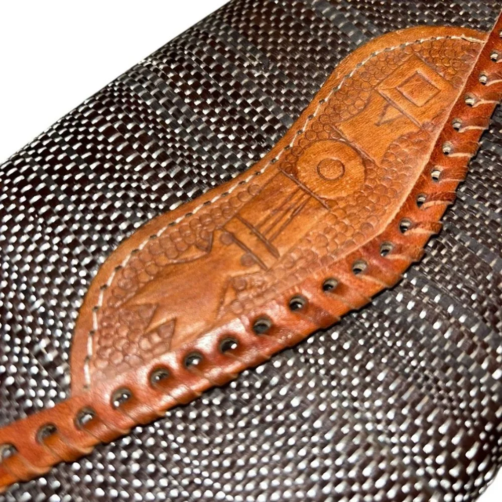vintage handsome as new tooled leather woven straw wallet